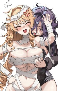 2girls absurdres anger_vein black_leotard black_nails blonde_hair breasts clorinde_(genshin_impact) closed_eyes collarbone curryman_(curryman06) fang genshin_impact grabbing_another&#039;s_breast groping halloween hand_on_own_hip highres large_breasts leotard long_hair multiple_girls mummy_costume nail_polish navia_(genshin_impact) open_mouth purple_eyes purple_hair skin_fang white_background yuri