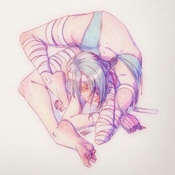 1girl a.k.i._(street_fighter) absurdres ass bandaged_arm bandaged_leg bandages bikini contortion eyepatch feet flexible grey_hair hair_over_one_eye highres levidu99 mole mole_under_mouth official_alternate_costume red_eyes short_hair smile solo street_fighter street_fighter_6 swimsuit