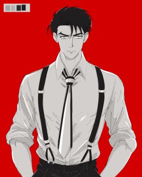 1boy bags_under_eyes closed_mouth collared_shirt commentary english_commentary greyscale_with_colored_background hands_in_pockets highres male_focus mature_male megadeus_mommy messy_hair necktie red_background roger_smith shirt short_hair sleeves_rolled_up solo striped_clothes suspenders the_big_o upper_body v-shaped_eyebrows vertical-striped_clothes vertical-striped_necktie