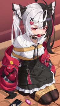 1girl absurdres ahoge black_hair black_pantyhose black_skirt breasts closed_mouth collared_shirt commentary_request egg_vibrator eyeshadow hair_ornament heart heart_hair_ornament highres jacket lacrimosa_(nte) long_hair looking_at_viewer makeup multicolored_hair neverness_to_everness pantyhose red_eyes red_eyeshadow red_jacket red_streaks restrained sex_toy shirt skirt small_breasts solo streaked_hair twintails two-tone_hair very_long_hair vibrator white_hair wo_cao_xiao x_hair_ornament