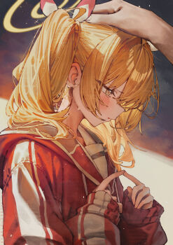 1boy 1girl betabeet blonde_hair blue_archive blush commentary fingernails halo hand_on_another&#039;s_head hetero highres hood hooded_jacket index_fingers_together jacket long_sleeves looking_down out_of_frame profile red_jacket sensei_(blue_archive) solo_focus twintails upper_body yellow_eyes yoshimi_(blue_archive)