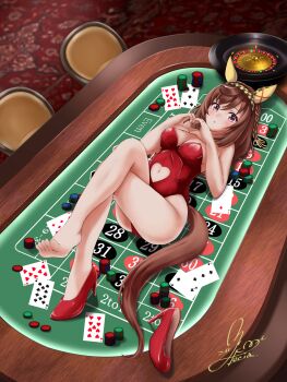 1girl animal_ears blurry blurry_background blush brown_hair buena_vista_(umamusume) casino checkered_hairband clothing_cutout commentary_request crossed_legs ear_covers ear_ornament eight_of_hearts five_of_clubs hair_between_eyes hairband heart heart_hands high_heels highres horse_ears horse_girl horse_tail medium_hair miki_lutecia multicolored_hair navel_cutout nine_of_hearts nontraditional_playboy_bunny on_table poker_chip purple_eyes red_shoes roulette roulette_table shoes signature single_bare_foot soles solo stool streaked_hair table tail ten_of_spades three_of_spades toes two_of_diamonds two_of_spades umamusume white_hair