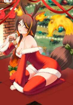 1girl absurdres alternate_hairstyle animal_ears antlers bare_shoulders bell between_legs blush bow box braid breasts brick brown_hair christmas christmas_lights christmas_ornaments christmas_present christmas_stocking christmas_tree cleavage commentary dress english_commentary fake_antlers fiery_ears fingernails fire fireplace flame-tipped_tail from_side full_body fur-trimmed_dress fur_trim gift gift_box gradient_hair green_bow grin hair_bow hairband hand_between_legs head_tilt highres holding holding_bell horns indie_virtual_youtuber indoors large_breasts long_fingernails long_hair long_sleeves looking_at_viewer low-braided_long_hair low-tied_long_hair microdress multicolored_hair nodark off-shoulder_dress off_shoulder on_floor orange_eyes orange_fire orange_hair red_dress red_nails red_thighhighs reindeer_antlers santa_costume santa_dress seiza sinder_(vtuber) single_braid sitting smile snow_globe solo star_(symbol) tail tail_bow tail_ornament thighhighs virtual_youtuber wolf_ears wolf_girl wolf_tail ych_commission yellow_star zettai_ryouiki