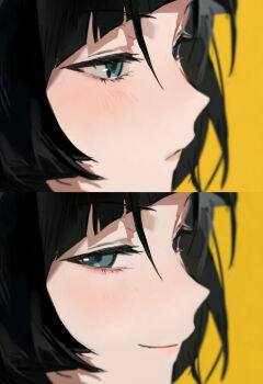 black_hair blush close-up eyelashes green_eyes hare_zzv highres jane_doe_(zenless_zone_zero) lips looking_at_viewer looking_to_the_side portrait profile short_hair smile split_screen split_theme yellow_background zenless_zone_zero