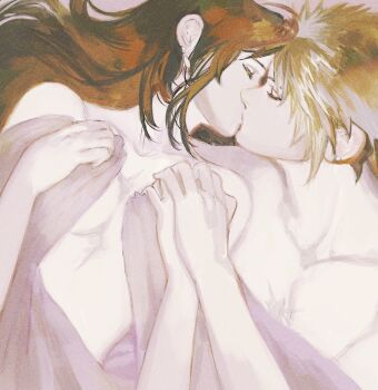 1boy 1girl artist_name black_hair blonde_hair closed_eyes cloud_strife collarbone commentary couple cuddling earrings facing_another facing_to_the_side final_fantasy final_fantasy_vii hetero jewelry kiss long_hair lying on_back scar scar_on_chest spiked_hair tifa_lockhart topless_female topless_male tori_(labyrinth_fft) under_covers upper_body