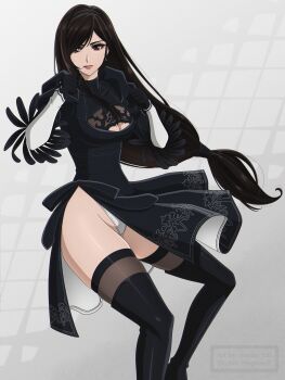1girl 2b_(nier:automata) 2b_(nier:automata)_(cosplay) absurdres black_boots black_dress black_gloves black_hair black_hairband boots breasts brown_eyes brown_hair cleavage cleavage_cutout clenched_hands closed_mouth clothing_cutout company_connection cosplay dress earrings eyelashes feather-trimmed_sleeves feet_out_of_frame fighting_stance final_fantasy final_fantasy_vii final_fantasy_vii:_ever_crisis gloves hairband highres jewelry juliet_sleeves large_breasts leotard leotard_under_clothes lips long_hair long_sleeves looking_at_viewer low-tied_long_hair nier:automata nier_(series) official_alternate_costume pink_lips puffy_sleeves shirl_geem side_slit single_earring solo swept_bangs thigh_boots thighhighs thighhighs_under_boots thighs tifa_lockhart turtleneck turtleneck_dress white_leotard