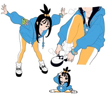 1girl absurdres adjusting_footwear bingbingzi black_eyes black_hair blue_hoodie chibi chibi_inset choker commentary cube_hair_ornament ear_piercing earclip full_body grin hair_ornament highres hood hood_down hoodie leaning_forward leggings lida_(pokemon) long_hair long_sleeves looking_at_viewer loose_socks mega_ring multiple_views nintendo orange_leggings outstretched_arms piercing platform_shoes pokemon pokemon_legends:_z-a ribbed_socks shirt sitting smile socks split symbol-only_commentary topknot two-tone_legwear white_choker white_leggings white_shirt wispy_bangs