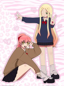 Rule 34 | 2girls, ankle socks, black shoes, block heels, blonde hair, blue skirt, blue sweater, brown sweater, commentary, earrings, english commentary, fang, fingernails, full body, gina (undead unluck), green eyes, hair ribbon, heart, heart earrings, highres, jewelry, multiple girls, nail polish, pink hair, red ribbon, ribbon, riikatopor12, school uniform, shirt, shoes, sitting, skirt, socks, standing, sweater, tatiana (undead unluck), v, white shirt, white socks