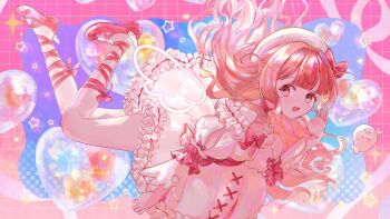 1girl beret commentary dress english_commentary frilled_dress frilled_sleeves frills full_body hair_ornament hat heart heart_hair_ornament heartsync jamu_(yakinikuoi4) kumu_cotton looking_at_viewer open_mouth pink_eyes pink_hair pink_shoes pink_theme puffy_sleeves second-party_source shoes solo sparkle star_(symbol) teeth upper_teeth_only virtual_youtuber white_dress white_hat