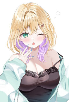1girl bare_shoulders black_camisole blonde_hair blue_nails blush breasts camisole cleavage collarbone colored_inner_hair commentary ear_piercing eyelashes fang fingernails green_eyes green_hoodie hair_ornament hairclip highres hood hoodie jewelry kurumi_noah kurumi_noah_(6th_costume) large_breasts looking_at_viewer medium_hair mint_mia multicolored_hair nail_polish one_eye_closed open_mouth piercing pink_hair ring simple_background solo strap_slip striped_clothes striped_hoodie teddy_bear_hair_ornament two-tone_hair virtual_youtuber vspo! white_background yawning