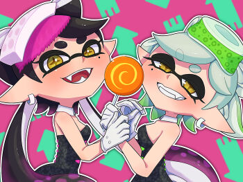 2girls 95mana bare_arms bare_shoulders black_dress black_hair black_jumpsuit blush bow-shaped_hair breasts callie_(splatoon) callie_(squid_sisters_outfit)_(splatoon) candy detached_collar dress earrings fangs flipped_hair food food_on_head gloves grey_hair half-closed_eyes highres holding holding_candy holding_food holding_lollipop hoop_earrings inkling jewelry jumpsuit lollipop long_hair marie_(splatoon) marie_(squid_sisters_outfit)_(splatoon) mole mole_under_eye multiple_girls nintendo object_on_head pointy_ears ponytail short_dress short_hair short_jumpsuit short_ponytail splatoon_(series) squid squid_girl strapless strapless_dress sushi swept_bangs tentacle_hair thick_eyebrows twintails unitard white_gloves yellow_eyes