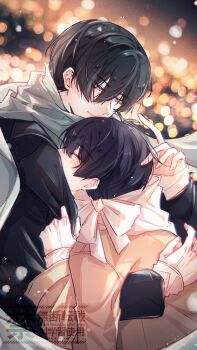 2boys ahoge arm_around_back black_hair black_jacket blue_lock closed_eyes commentary covered_mouth green_eyes hand_on_another's_head highres hyx_2016922 isagi_yoichi itoshi_rin jacket long_sleeves looking_at_another multiple_boys ribbon scarf smile symbol-only_commentary white_scarf