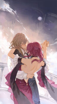 2girls absurdres arm_around_neck arm_behind_another&#039;s_back ballroom_dancing bird black_necktie black_pants black_suit blush closed_mouth dancing dress dress_pants formal_clothes grey_eyes grey_hair highres holding_hands honkai:_star_rail honkai_(series) kafka_(honkai:_star_rail) long_hair multiple_girls necktie nyoomcat pant_suit pants ponytail red_dress red_hair shirt stelle_(honkai:_star_rail) suit trailblazer_(honkai:_star_rail) white_shirt yuri