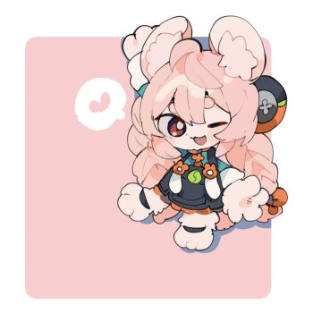 1girl animal_ear_fluff animal_ears animal_feet anklet arm_up border braid braided_twintails bright_pupils byako_(srktn) chibi chibi_only commentary_request full_body furry furry_female green_shirt heart highres jewelry long_hair looking_at_viewer one_eye_closed open_mouth pink_background pink_fur pink_hair rabbit_ears rabbit_girl red_eyes round_border screw shirt short_eyebrows solo spoken_heart thick_eyebrows white_border white_pupils zenless_zone_zero zhao_(zenless_zone_zero)