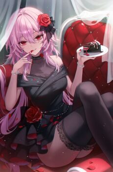 1girl absurdres alternate_costume bare_shoulders black_dress bracelet breasts cake cake_slice commentary couch curtains dress earrings evernight_(honkai:_star_rail) flower food hair_flower hair_ornament hashtag-only_commentary hi_irim highres holding holding_plate honkai:_star_rail honkai_(series) jewelry lace light_smile long_hair march_7th_(honkai:_star_rail) medium_breasts on_couch petals pink_hair plate red_eyes red_flower red_nails red_rose ring rose sitting symbol-only_commentary thighhighs thighs very_long_hair