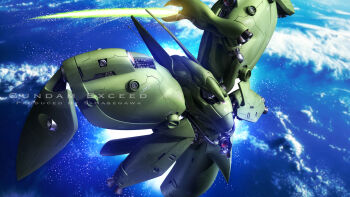 3d energy_sword cloud commentary_request earth_(planet) english_text gundam gundam_0083 highres in_orbit machinery mecha mecha_focus mobile_armor neue_ziel no_humans planet realistic robot s.hasegawa science_fiction signature space weapon