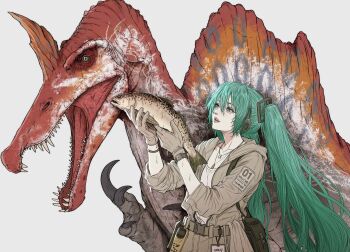 absurdres animal belt claws dinosaur fang fins fish gloves green_eyes green_hair hair_between_eyes hair_ornament hatsune_miku headphones highres holding holding_animal holding_fish horns jacket jewelry lips long_hair name_tag necklace open_clothes open_jacket open_mouth real_life single_horn spinosaurus twintails vocaloid walkie-talkie wet yoracrab