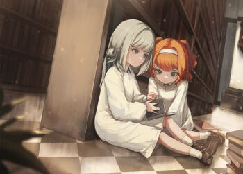 absurdres against_bookshelf aged_down ankle_socks blurry blurry_foreground book book_stack bookshelf braid braided_sidelock brown_footwear checkered_floor closed_mouth collared_dress dress dutch_angle green_eyes grey_eyes grey_hair hair_bun hairband hands_on_floor highres indoors koongsim library loafers long_hair long_sleeves looking_down medium_hair on_floor open_book orange_hair plant puffy_long_sleeves puffy_sleeves reading reverse:1999 shoes single_side_bun sitting socks sonetto_(reverse:1999) two_side_up vertin_(reverse:1999) wariza white_dress white_hairband white_socks