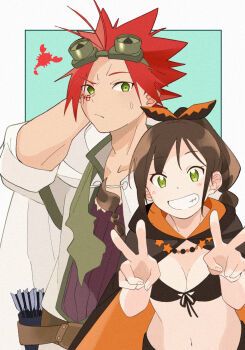 1boy 1girl akaboshi_bisco arrow_(projectile) bikini black_bikini breasts brown_hair cape cleavage cloak closed_mouth double_v goggles goggles_on_head green_eyes grin highres long_hair looking_at_viewer multi-tied_hair navel ponytail re:zero_kara_hajimeru_isekai_seikatsu red_hair sabikui_bisco shaula_(re:zero) short_hair smile spiked_hair swimsuit tattoo v very_long_hair yuyuyu9526