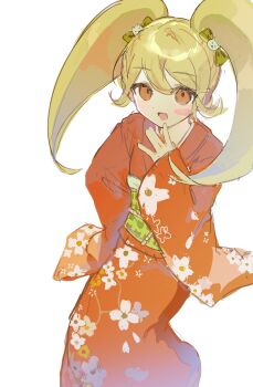 Rule 34 | 1girl, 99chisa, :d, blonde hair, bow, cat hair ornament, commentary request, danganronpa (series), danganronpa 2: goodbye despair, floral print, floral print kimono, furisode, green bow, green sash, hair ornament, hair tie, hand to own mouth, hand up, highres, japanese clothes, kimono, korean commentary, long hair, obi, open mouth, orange kimono, print kimono, saionji hiyoko, sash, sitting, smile, solo, white background