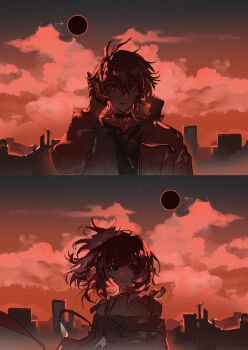 Rule 34 | 1boy, 1girl, absurdres, alternate costume, anchealcjiea, antenna hair, blurry, building, cellphone, chinese commentary, closed mouth, cloud, cloudy sky, coat, collarbone, collared coat, commentary request, couple, cyrene (honkai: star rail), cyrene (philia093) (honkai: star rail), depth of field, eclipse, hair between eyes, hair ornament, high collar, highres, holding, holding phone, honkai: star rail, honkai (series), hood, hood down, long sleeves, looking at viewer, moon, open mouth, phainon (honkai: star rail), phone, pov, red background, red moon, red sky, shade, sky, skyscraper, smartphone, standing, upper body, wide-eyed