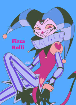 Rule 34 | 1boy, :d, absurdres, ankle boots, arms at sides, black boots, black gloves, black hat, blue background, blue hat, boots, buttons, character name, circle facial mark, colored sclera, colored skin, commentary request, cowboy shot, demon boy, demon tail, facial mark, fewer digits, fingerless gloves, fizzarolli (helluva boss), gloves, grey pants, grey sleeves, grin, hat, hat bell, heart, hellaverse, helluva boss, high heel boots, high heels, highres, jester, jester cap, juliet sleeves, knee up, long sleeves, male focus, menma (enaic31), neck ruff, open mouth, pants, puffy sleeves, purple pants, purple sleeves, raised eyebrow, red eyes, red shirt, red tail, sharp teeth, shirt, signature, simple background, sleeveless, sleeveless shirt, smile, solo, striped clothes, striped hat, striped headwear, striped pants, tail, teeth, two-tone hat, two-tone headwear, two-tone pants, two-tone sleeves, uneven eyes, v-shaped eyebrows, vertical-striped clothes, vertical-striped pants, vertical-striped sleeves, white skin, wristband, yellow sclera