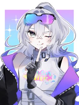 1girl ;p absurdres bare_shoulders commentary_request eyewear_on_head finger_to_mouth fingerless_gloves gloves goggles gradient_hair grey_eyes grey_hair highres honkai:_star_rail honkai_(series) jacket long_hair multicolored_hair one_eye_closed open_clothes open_jacket osakana_shira shirt shushing silver_wolf_(honkai:_star_rail) smile sparkle strap tongue tongue_out turtleneck zipper