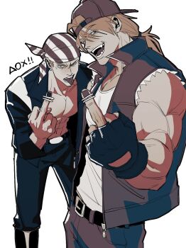 2boys abs backwards_hat bandana bar_censor baseball_cap belt belt_buckle billy_kane blonde_hair boots buckle censored earrings fangs fatal_fury fingerless_gloves gloves hat highres jacket jewelry knee_boots looking_at_viewer male_focus middle_finger multiple_boys muscular open_clothes open_jacket open_mouth pants pectorals piercing plasticcero99 ponytail popped_collar shirt short_hair simple_background sleeveless sleeveless_jacket sleeveless_shirt smile striped_bandana terry_bogard the_king_of_fighters tongue tongue_out tongue_piercing white_background