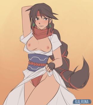 Rule 34 | 1girl, absurdres, tear ring saga series: berwick saga, breasts, breasts out, brown hair, clothes lift, dress, dress lift, fey (berwick saga), highres, kalruna, medium breasts, nipples, panties, ponytail, red panties, solo, tear ring saga, underwear, white dress