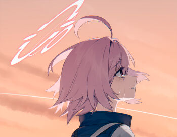 1girl ahoge blew_andwhite blue_archive blue_jacket close-up cloud commentary_request crying crying_with_eyes_open from_side glint halo hoshino_(blue_archive) hoshino_(first_year)_(blue_archive) jacket looking_ahead official_alternate_costume open_mouth pink_hair pink_halo school_uniform shirt short_hair solo sunset tears teeth upper_teeth_only white_shirt