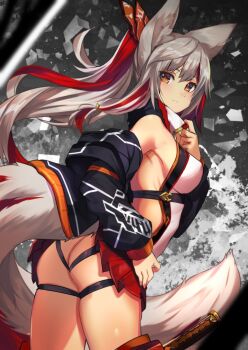 Rule 34 | 1girl, animal ears, ass, breasts, butt crack, closed mouth, female focus, fox ears, fox tail, grey hair, highres, jacket, long hair, looking back, medium breasts, multicolored hair, orange eyes, original, ponytail, red hair, solo, streaked hair, tail, yoshizawa tsubaki