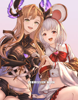 2girls :d absurdres animal_ear_hairband animal_ears arm_support armor black_shorts blonde_hair bow bow_hairband bowtie breasts brooch buttons commission double-breasted fake_animal_ears furisode_sleeves gauntlets gradient_background granblue_fantasy green_eyes grey_hair hairband head_wings heart heart_brooch heart_hands heart_hands_duo highres jewelry large_breasts layered_sleeves long_hair long_sleeves looking_at_viewer medium_hair midriff miniskirt mouse_ears multiple_girls navel open_mouth pauldrons pleated_skirt ra_torens red_bow red_bowtie red_eyes shirt short_shorts shorts shoulder_armor side_part simple_background sitting skirt smile teeth tweyen_(granblue_fantasy) upper_teeth_only vikala_(granblue_fantasy) white_shirt white_skirt wide_sleeves wings