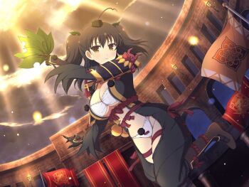 1girl ahoge arena armor blush boots bra breasts brown_boots brown_eyes brown_hair clawed_gauntlets cleavage cloud cloudy_sky emblem fire flag gourd groin hair_ornament hat holding japanese_armor japanese_clothes kote kurokote large_breasts leaf leaf_fan leaf_hair_ornament lens_flare light_particles light_rays lineart looking_at_viewer misato_(senran_kagura) navel official_alternate_costume official_art panties pom_pom_(clothes) red_ribbon revealing_clothes ribbon ribbon_trim rope_belt school_emblem senran_kagura senran_kagura_new_link senran_kagura_new_wave shoulder_armor sky sode solo sunbeam suneate sunlight tokin_hat torch twintails underboob underwear white_bra white_panties yaegashi_nan