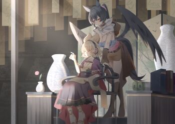 2girls absurdres alternate_costume animal_ears arm_warmers bandana bandana_around_neck belt black_choker black_hair black_wings blonde_hair blush book boots bracelet breasts brown_arm_warmers brown_belt brown_boots brown_hat chair choker cleavage closed_eyes commentary cowboy_hat earmuffs feathered_wings flower folding_screen hat hat_on_back high_heel_boots high_heels highres horse_ears horse_girl horse_tail japanese_clothes jewelry kimono knee_boots kurokoma_saki long_hair multiple_girls no_headwear no_noru on_chair open_mouth pink_flower pointy_hair ponytail purple_skirt scroll sitting skirt tail touhou toyosatomimi_no_miko vase white_bandana wings yellow_kimono