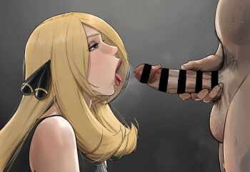 1boy 1girl absurdres bar_censor black_sweater blonde_hair censored cynthia_(pokemon) erection hair_ornament highres imminent_fellatio mature_female nintendo open_mouth penis penis_grab pokemon pokemon_dppt sweater testicles tongue tongue_out wasabishouyu