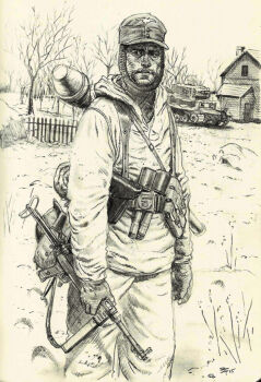 Rule 34 | 1boy, ammunition pouch, arm at side, armored vehicle, bag, bare tree, belt, belt buckle, buckle, building, carrying, commentary, cowboy shot, day, english commentary, english text, explosive, fence, german army, gloves, grenade, greyscale, gun, gun sling, hat, headscarf, holding, holding gun, holding weapon, holster, hood, hood down, hooded jacket, house, jacket, jesusfood, load bearing equipment, long sleeves, looking away, looking to the side, m43 field cap, male focus, military, military hat, military uniform, military vehicle, monochrome, motor vehicle, mp40, off-topic, original, outdoors, pants, panzerfaust, parted lips, pouch, shaded face, sketch, snow, soldier, solo, stick grenade, stielhandgranate, submachine gun, traditional media, tree, vehicle request, weapon, weapon on back, winter, winter uniform, world war ii