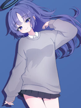 1girl alternate_costume artist_request black_skirt blue_archive blue_background blue_eyes breasts grey_sweater halo hand_in_own_hair highres hinachi_(hncstk) lips long_hair medium_breasts miniskirt purple_hair skirt smile solo standing sweater thigh_gap two_side_up yuuka_(blue_archive)
