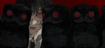 1girl bird black_hair blunt_bangs chainsaw_man close-up commentary dark_background demon demon_girl eucharist_(susukinoo) expressionless facial_scar hand_on_own_chin head_rest highres looking_at_viewer one_eye_covered owl portrait potoo red_background red_eyes ringed_eyes scar scar_on_cheek scar_on_face serious simple_background sinister solo symbol-only_commentary war_devil_(chainsaw_man) yoru_(chainsaw_man)