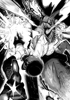 100387l 1boy 1girl absurdres battle bomb_devil_(chainsaw_man) chainsaw chainsaw_man commentary_request denji_(chainsaw_man) elbow_gloves foreshortening gloves greyscale highres monochrome object_head open_mouth pants pull_cord reze_(chainsaw_man) riding riding_shark shark shark_devil_(chainsaw_man) sharp_teeth shirt sleeveless sleeveless_shirt teeth tongue tongue_out