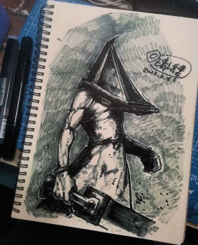 1boy absurdres apron gloves great_knife harumakoto47 helmet highres konami marker_(medium) monochrome monster monster_boy muscular muscular_arms muscular_male no_humans photo_(medium) pyramid_head silent_hill_(series) silent_hill_2 sketch sword traditional_media weapon