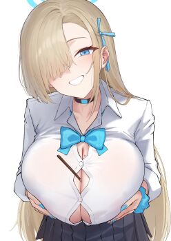 1girl absurdres aoi_riko asuna_(blue_archive) between_breasts blue_archive blue_bow blue_bowtie blue_eyes blue_halo blue_nails bow bowtie breasts choker commentary food grin hair_over_one_eye halo highres huge_breasts long_hair looking_at_viewer mole mole_on_breast nail_polish pocky school_uniform shirt simple_background skirt smile solo white_background white_shirt