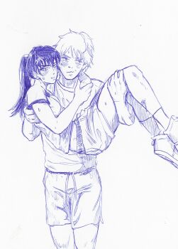 1boy 1girl blush breasts carrying chainsaw_man closed_mouth commentary denji_(chainsaw_man) english_commentary gym_uniform hetero highres long_hair monochrome negritobonbon ponytail princess_carry reze_(chainsaw_man) shirt short_hair shorts small_breasts sweat