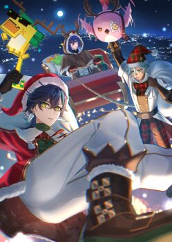 3boys ajaw_(genshin_impact) antlers arm_up black_hair blue_eyes blue_hair bow bowtie brown_capelet brown_gloves brown_shoes cabbage cacucu_(genshin_impact) capelet carrot closed_mouth commentary earrings english_commentary fake_antlers fur-trimmed_capelet fur-trimmed_headwear fur_trim genshin_impact gloves green_eyes hair_between_eyes hat heterochromia highres holding holding_sack hood hooded_capelet horns ifa_(genshin_impact) jewelry kinich_(genshin_impact) looking_at_viewer male_focus mittens multicolored_eyes multiple_boys night ororon_(genshin_impact) outdoors pants parted_lips pom_pom_(clothes) red_bow red_bowtie red_eyes red_hat red_mittens red_pants reindeer_antlers sack shoes sitting sleigh two-tone_eyes warp226 white_pants yellow_eyes