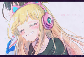Rule 34 | 2girls, animal ear headphones, animal ears, black shirt, blonde hair, blunt bangs, blush, cat ear headphones, cat ears, cho kaguya-hime!, closed eyes, commentary request, crying, fake animal ears, happy tears, headphones, highres, kaguya (cho kaguya-hime!), letterboxed, long hair, multiple girls, open mouth, sakayori iroha, shirt, smile, solo focus, tears, upper body, yumenocorona