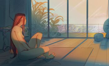 breasts casual_nudity dutch_braided_ponytail female_pubic_hair hair_down highres implied_after_sex implied_after_threesome implied_yuri kpop_demon_hunters long_hair mira_(kpop_demon_hunters) morning on_floor plant pubic_hair railing rumi_(kpop_demon_hunters) sangoundercover sitting small_breasts solo_focus unworn_clothes window