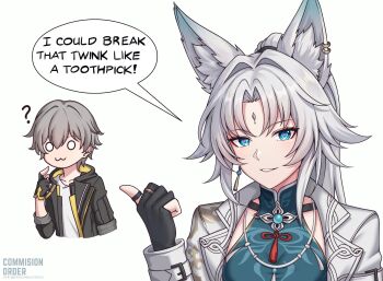 1boy 1girl ? animal_ear_fluff animal_ears black_jacket blank_eyes blue_eyes caelus_(honkai:_star_rail) centauri-d commentary earrings english_commentary english_text feixiao_(honkai:_star_rail) fingerless_gloves fox_ears gloves grey_hair highres honkai:_star_rail honkai_(series) jacket jewelry open_clothes open_jacket partially_fingerless_gloves shirt speech_bubble trailblazer_(honkai:_star_rail) upper_body white_shirt