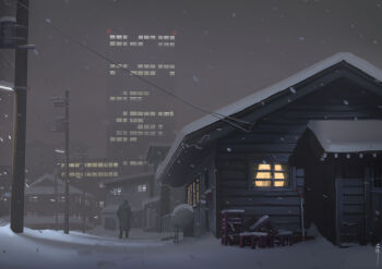 1other building city cityscape highres house night night_sky original outdoors power_lines scenery sky skyscraper snow snowing tateyuki utility_pole wide_shot winter