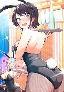 Rule 34 | 2girls, @ @, alternate costume, animal ear hairband, animal ears, aqua eyes, ass, ass focus, asymmetrical bangs, backless leotard, black hair, black leotard, blush, braid, breasts, casino, champagne bottle, champagne flute, cleavage, commentary request, cup, detached collar, drinking glass, fake animal ears, fishnet pantyhose, fishnets, from behind, glint, green eyes, grey hair, hair ornament, hairband, half up braid, heart, heart-shaped pupils, highres, holding, holding tray, hololive, jakoten (pixiv 54744064), large breasts, leotard, looking at viewer, looking back, medium hair, multiple girls, oozora subaru, open mouth, pantyhose, playboy bunny, poker chip, rabbit ear hairband, rabbit ears, rabbit tail, shirogane noel, short hair, leotard, solo focus, strapless, strapless leotard, string bowtie, symbol-shaped pupils, tail, tray, virtual youtuber, wrist cuffs