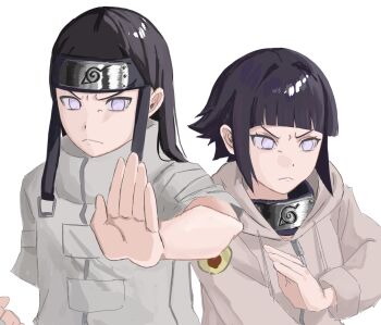 Rule 34 | 1boy, 1girl, black hair, cousins, forehead protector, highres, hyuuga hinata, hyuuga neji, jacket, naruto (classic), naruto (series), purple eyes, simple background, upper body, utxtu oo1013, white background, white jacket
