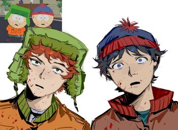 Rule 34 | 2boys, black hair, blood, blood on clothes, blood on face, blue eyes, blue hat, breast pocket, brown jacket, buttons, derivative work, green eyes, green hat, hat, highres, jacket, kugai697139, kyle broflovski, looking at viewer, male focus, messy hair, multiple boys, open mouth, orange hair, orange jacket, pocket, pom pom (clothes), screenshot redraw, short hair, simple background, south park, stan marsh, upper body, white background